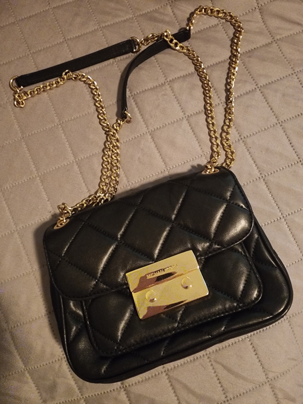 Michael Kors Black Quilted Mini Crossbody with Gold Chain